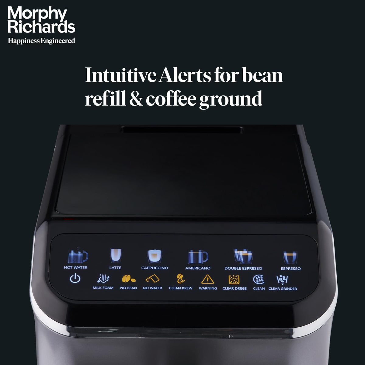 Close-up of the Morphy Richards 350019 touch control panel showing coffee options and bean, water and cleaning alert icons