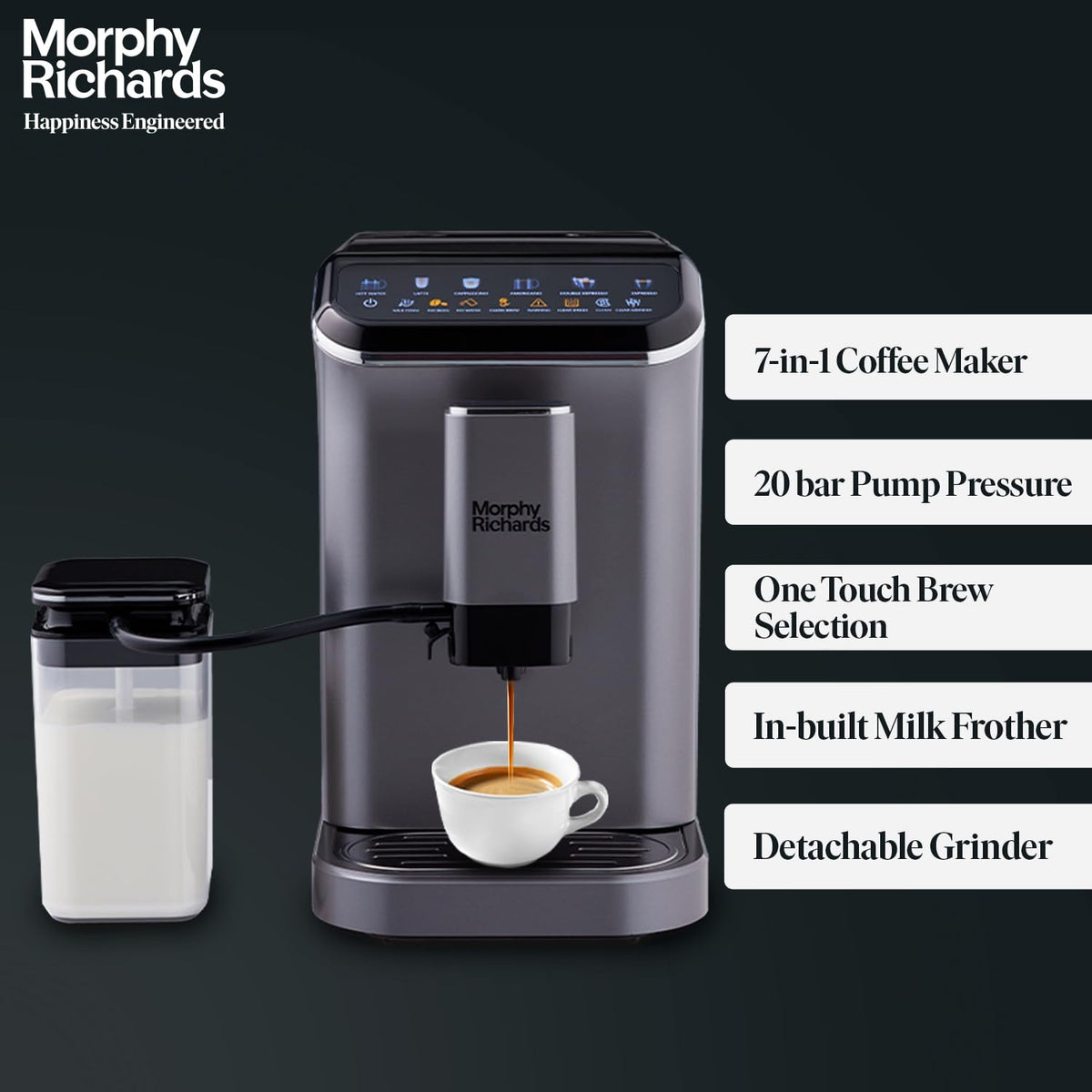 Morphy Richards 350019 Café Artisan dispensing espresso into a white cup, with callouts for 7-in-1, 20 bar, one touch brew, milk frother and detachable grinder