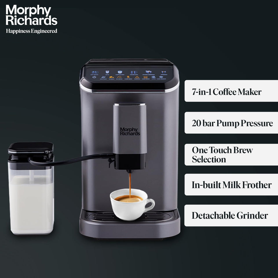 Morphy Richards 350019 Café Artisan dispensing espresso into a white cup, with callouts for 7-in-1, 20 bar, one touch brew, milk frother and detachable grinder