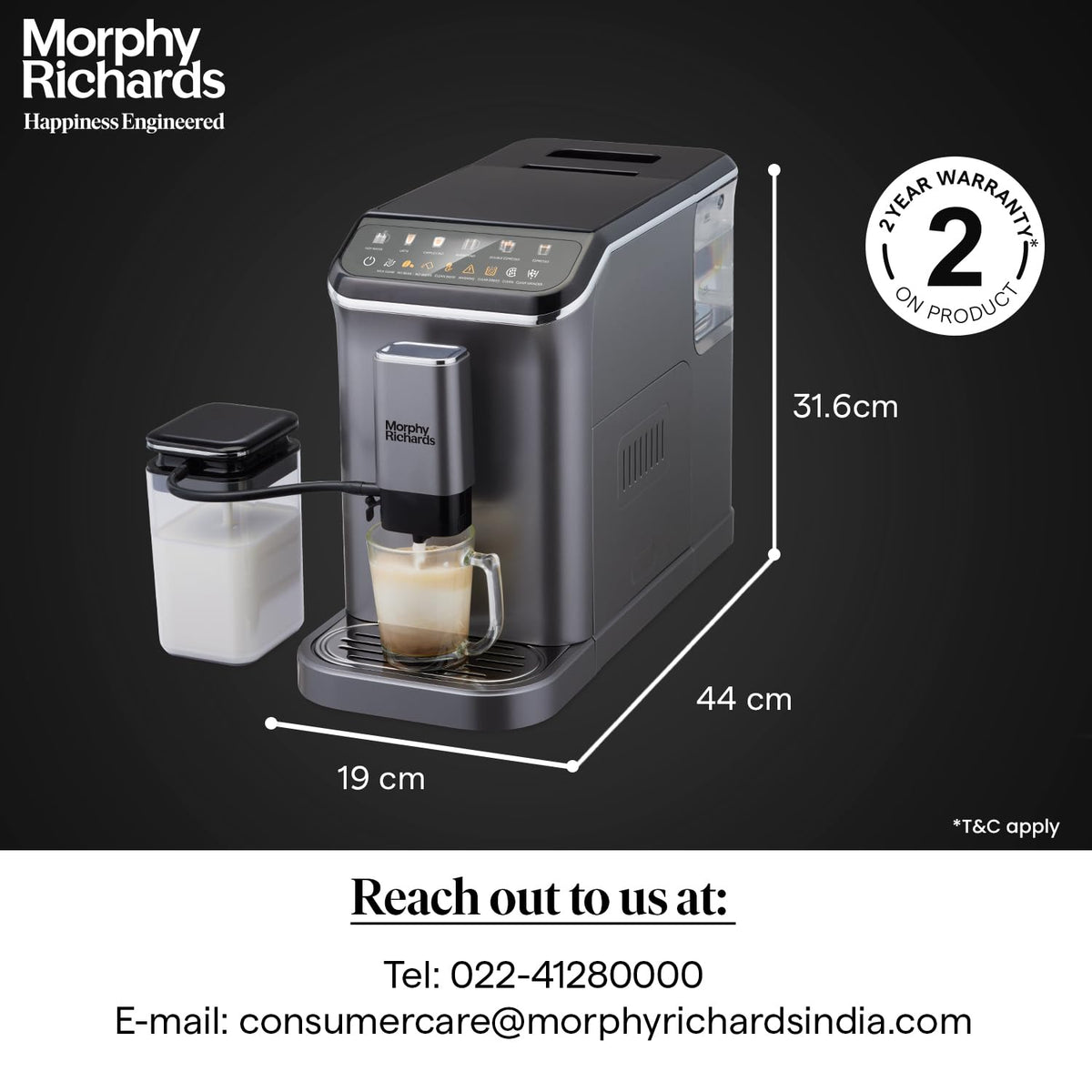 Morphy Richards 350019 Café Artisan with dimensions of 31.6 cm height, 44 cm and 19 cm and a 2 year warranty badge