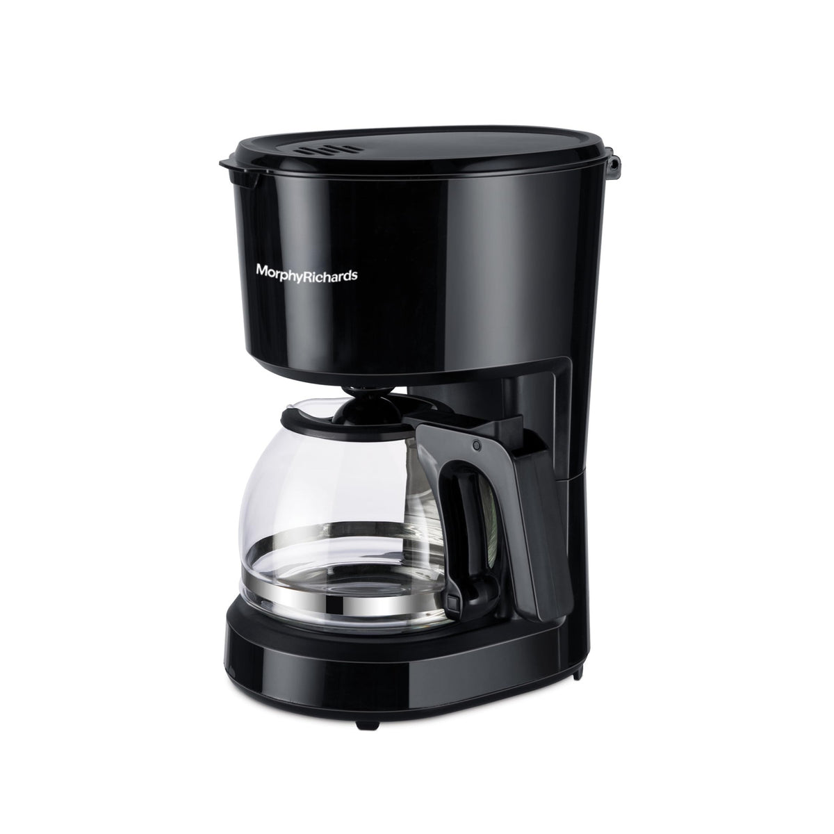 Morphy Richards 350012 Europa Drip coffee maker in black with glass carafe, angled front view