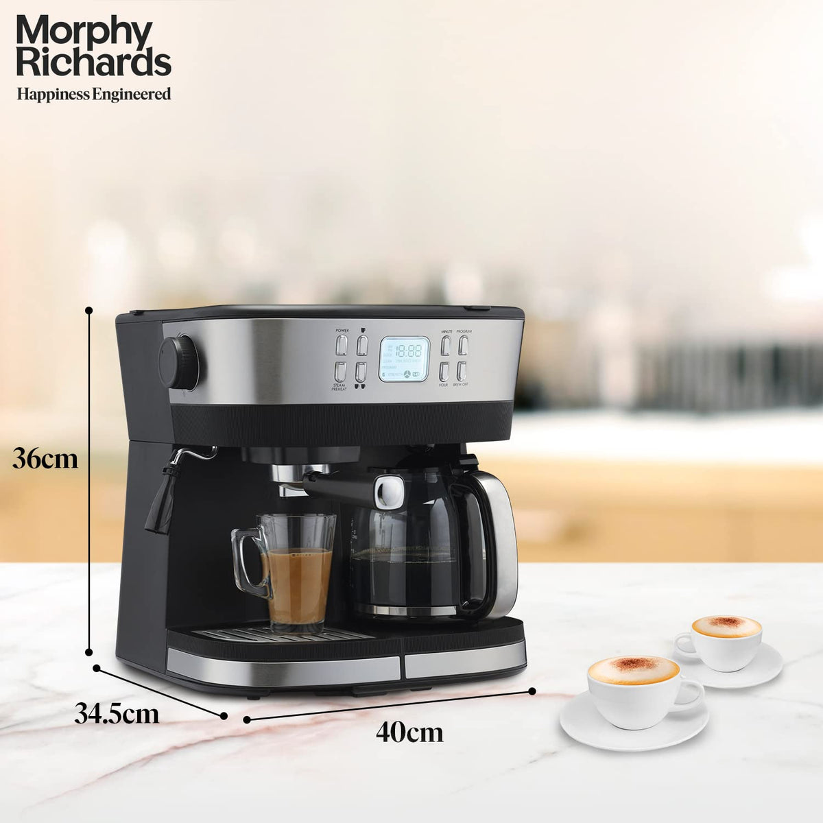 Morphy Richards 350016 DuoPresso on a countertop showing dimensions of 36 cm height, 34.5 cm depth and 40 cm width