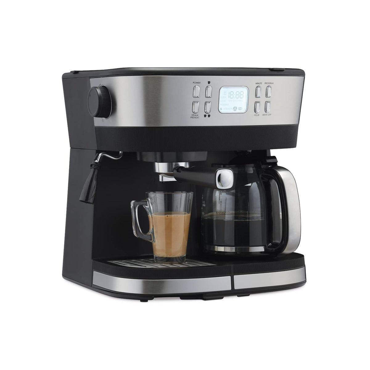 Morphy Richards 350016 DuoPresso coffee maker with a glass of espresso coffee and a drip carafe