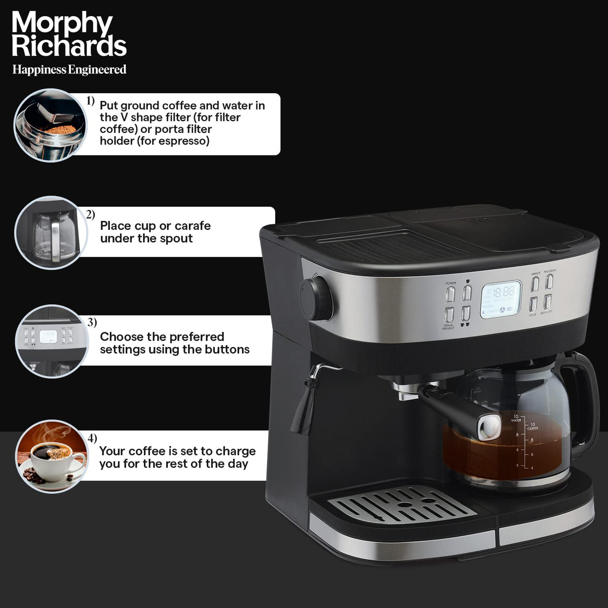 Morphy Richards 350016 DuoPresso four-step brewing guide for filter coffee and espresso