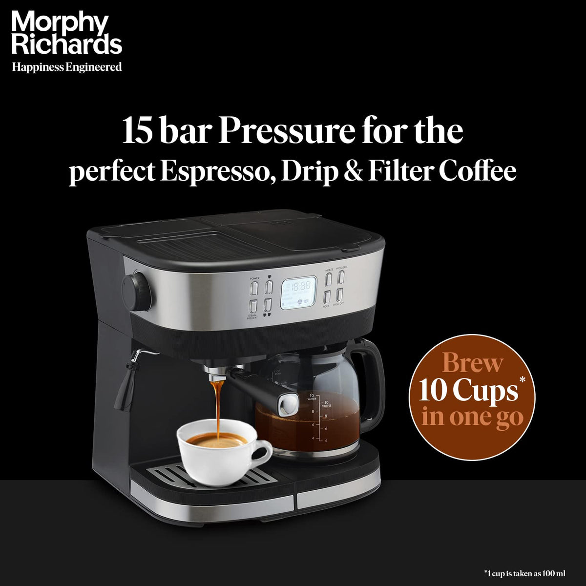 Morphy Richards 350016 DuoPresso pouring espresso into a cup with the 15 bar pressure and 10 cups in one go callout