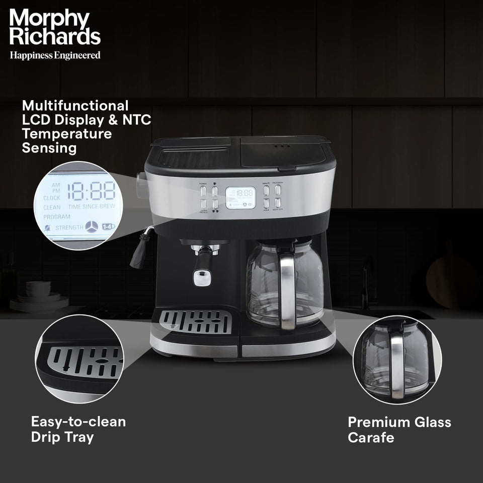 Morphy Richards 350016 DuoPresso highlighting the LCD display, easy-to-clean drip tray and glass carafe