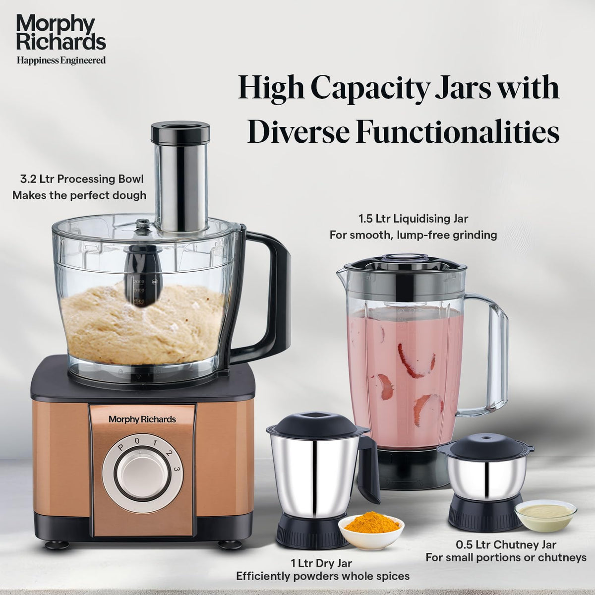 Morphy Richards 640098 food processor labelled with 3.2 L processing bowl, 1.5 L liquidising jar, 1 L dry jar and 0.5 L chutney jar