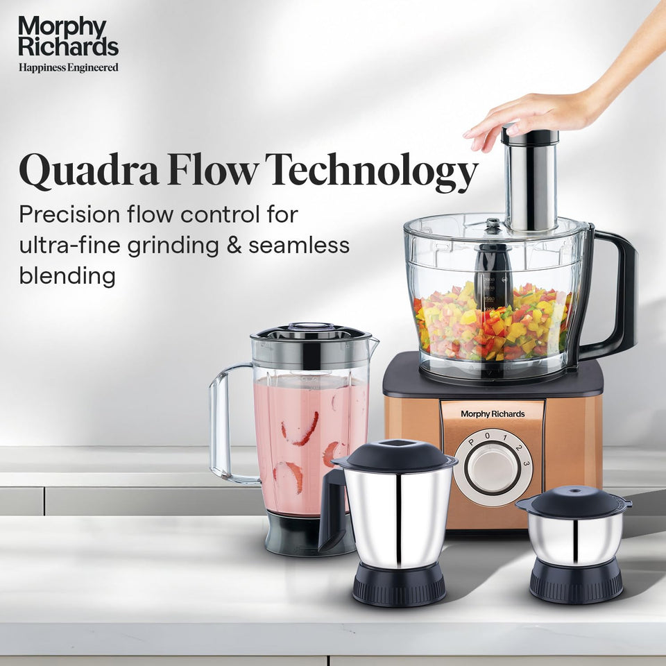 Morphy Richards 640098 food processor with Quadra Flow Technology text, a hand on the pusher and jars beside the base