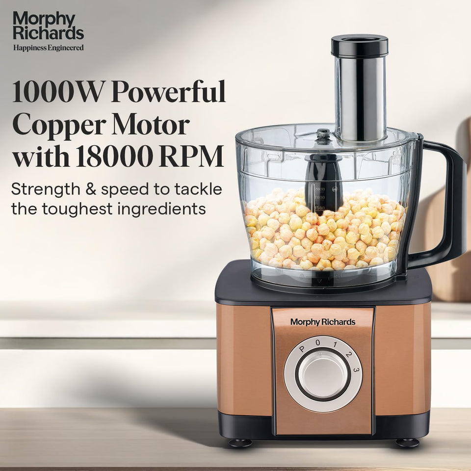 Morphy Richards 640098 food processor with 3.2 L bowl filled with chickpeas, with 1000W copper motor and 18000 RPM text