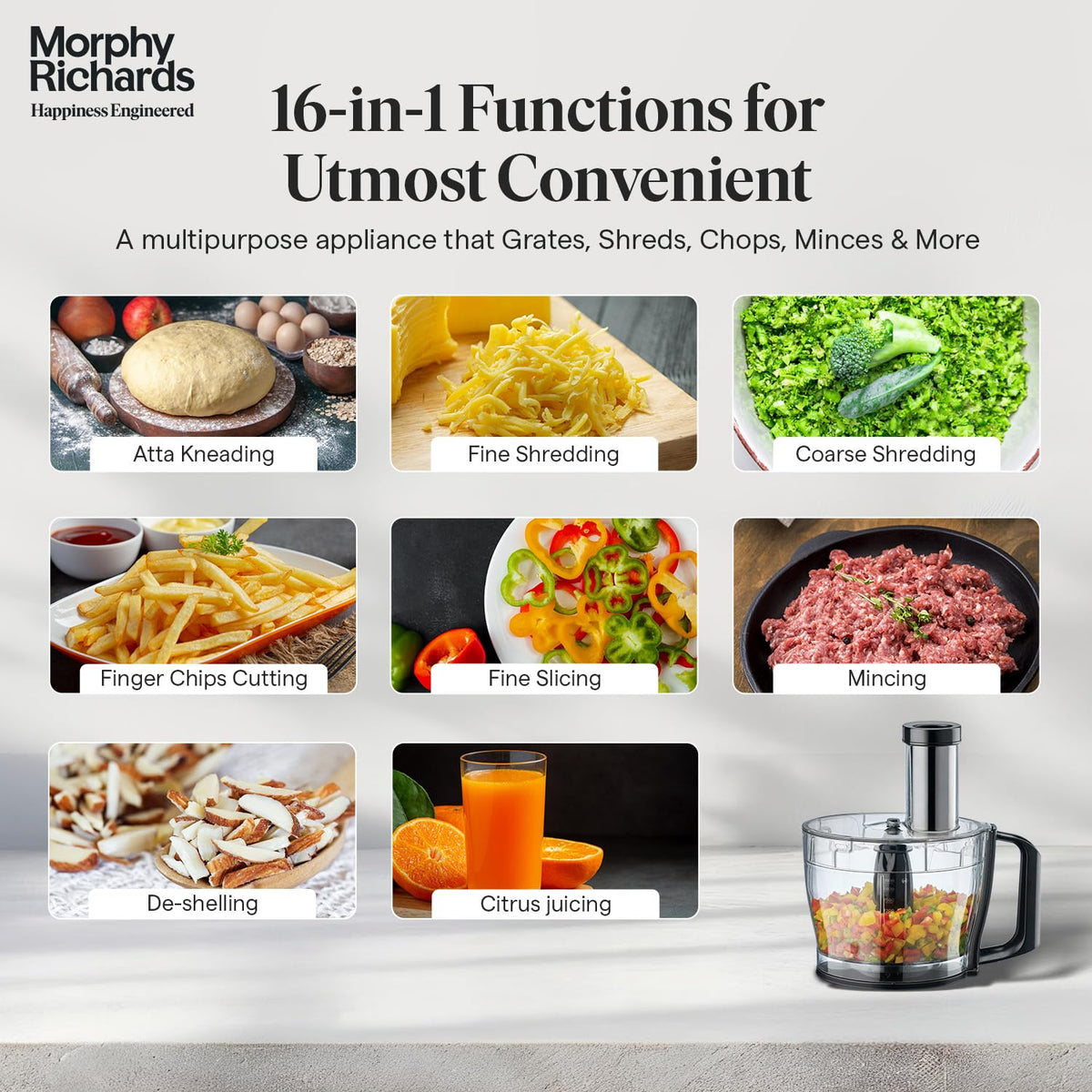 Morphy Richards 640098 food processor infographic showing 16-in-1 functions such as kneading, shredding, slicing, mincing and citrus juicing