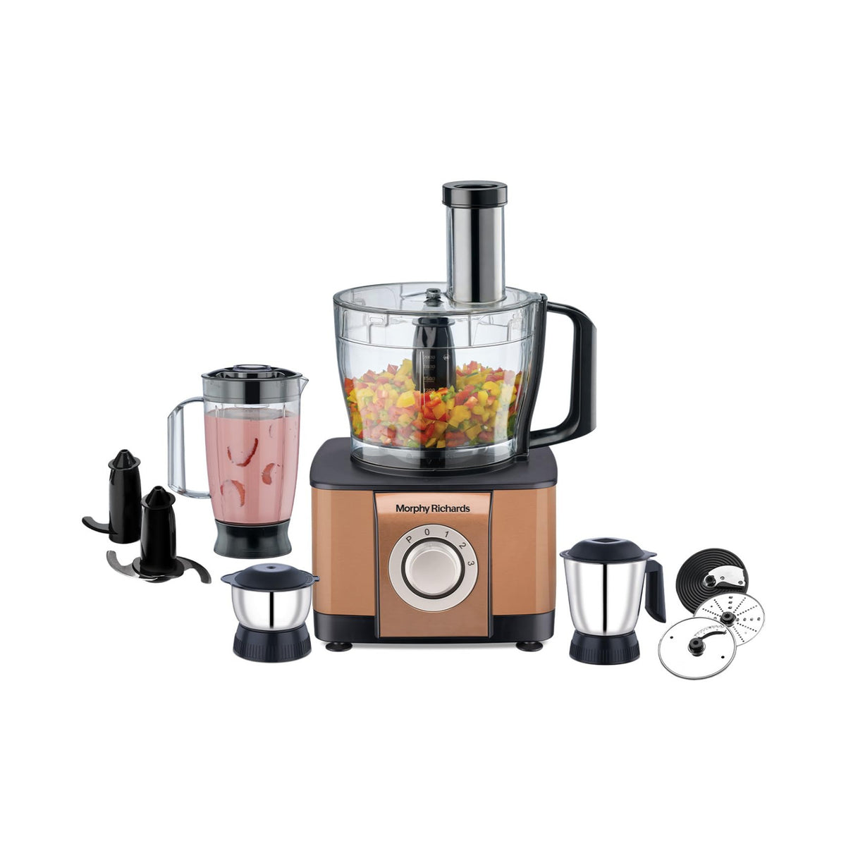 Morphy Richards 640098 Icon Superb 1000W food processor in copper with processing bowl, liquidising jar, grinding jars, blades and slicing discs