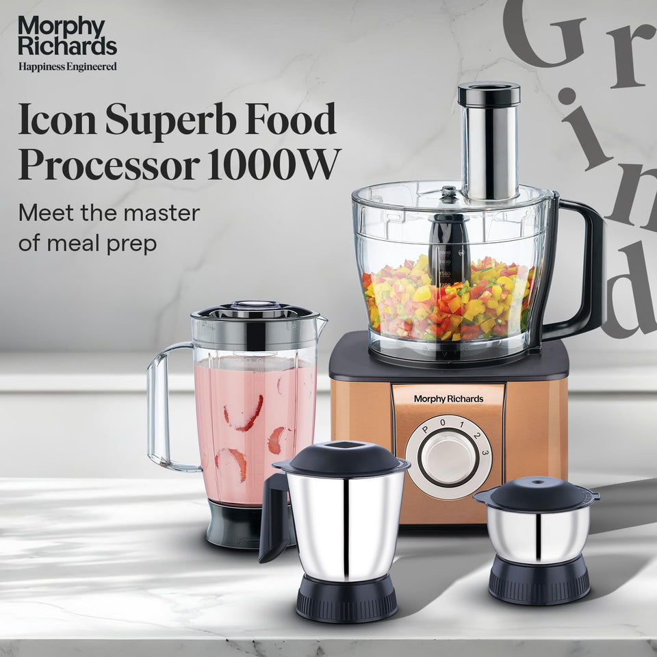 Morphy Richards 640098 Icon Superb food processor on a marble worktop with a bowl of chopped peppers, a strawberry blend and two steel jars