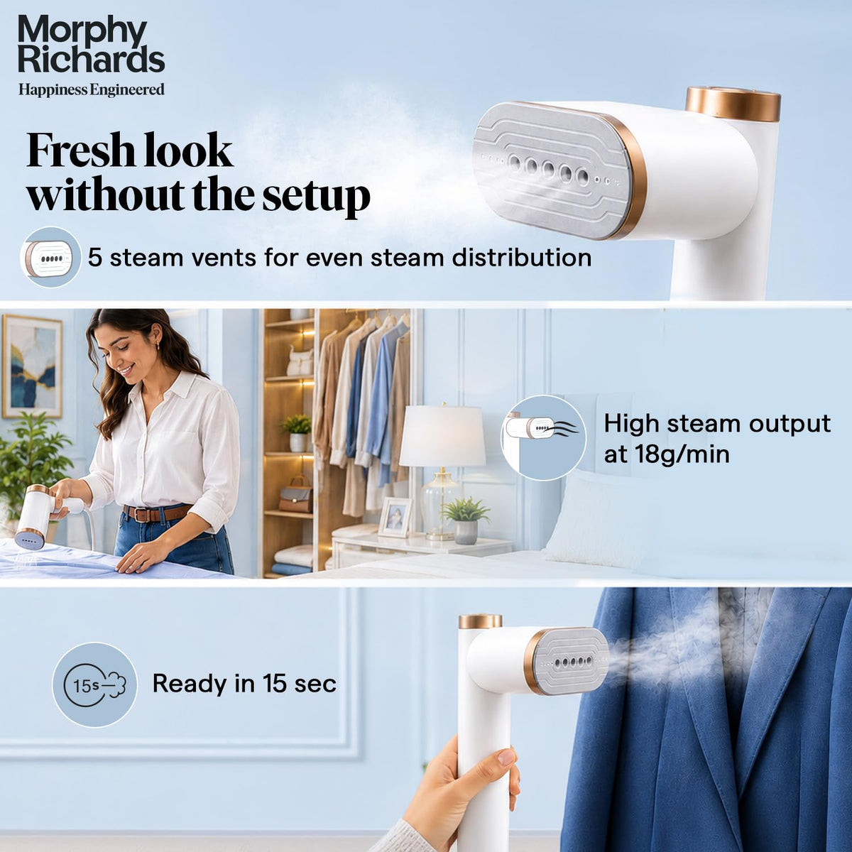 Morphy Richards Vogue Steam 1200W steamer infographic showing 5 steam vents, 18 g/min steam output and 15 second ready time