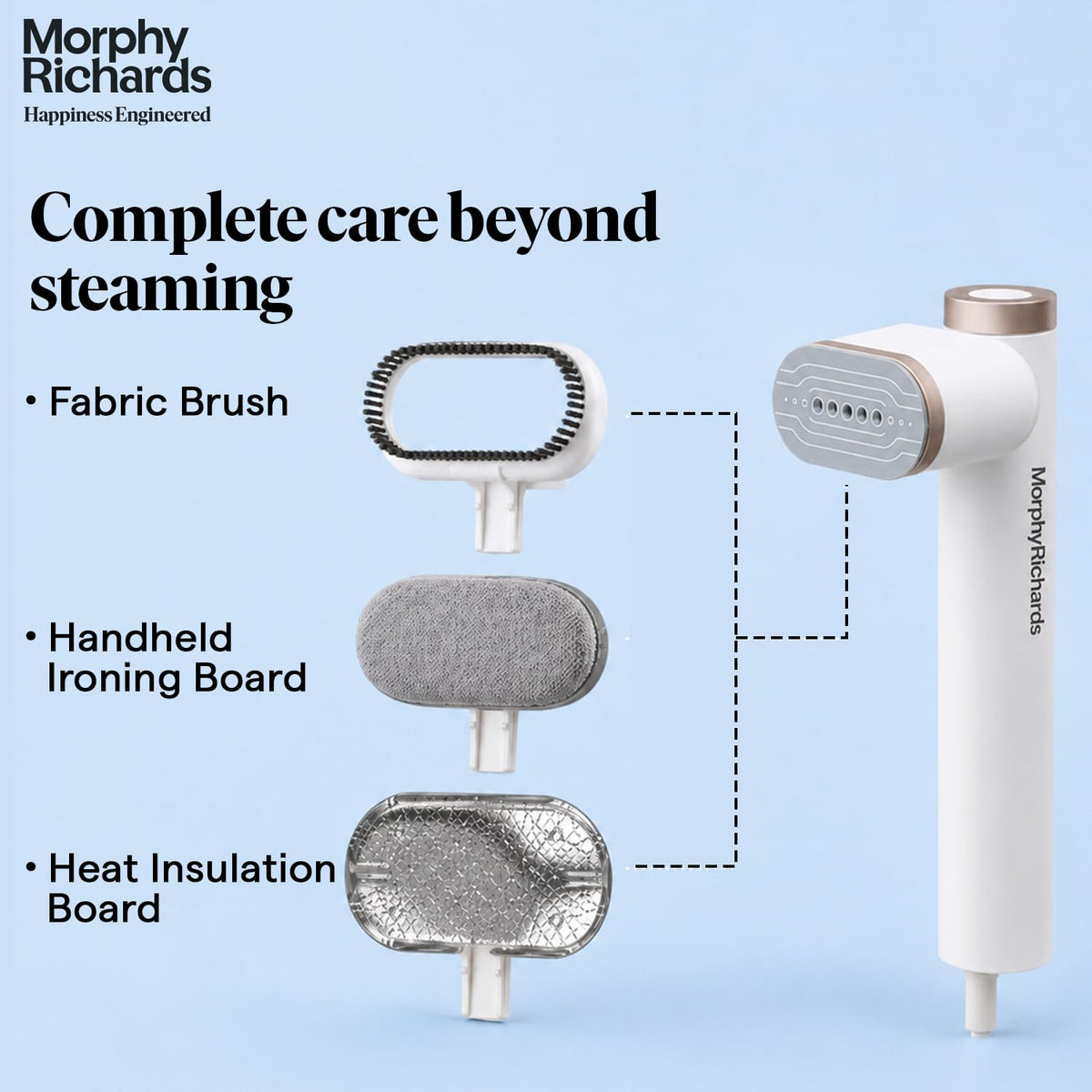 Morphy Richards Vogue Steam 1200W steamer shown with fabric brush, handheld ironing board and heat insulation board attachments