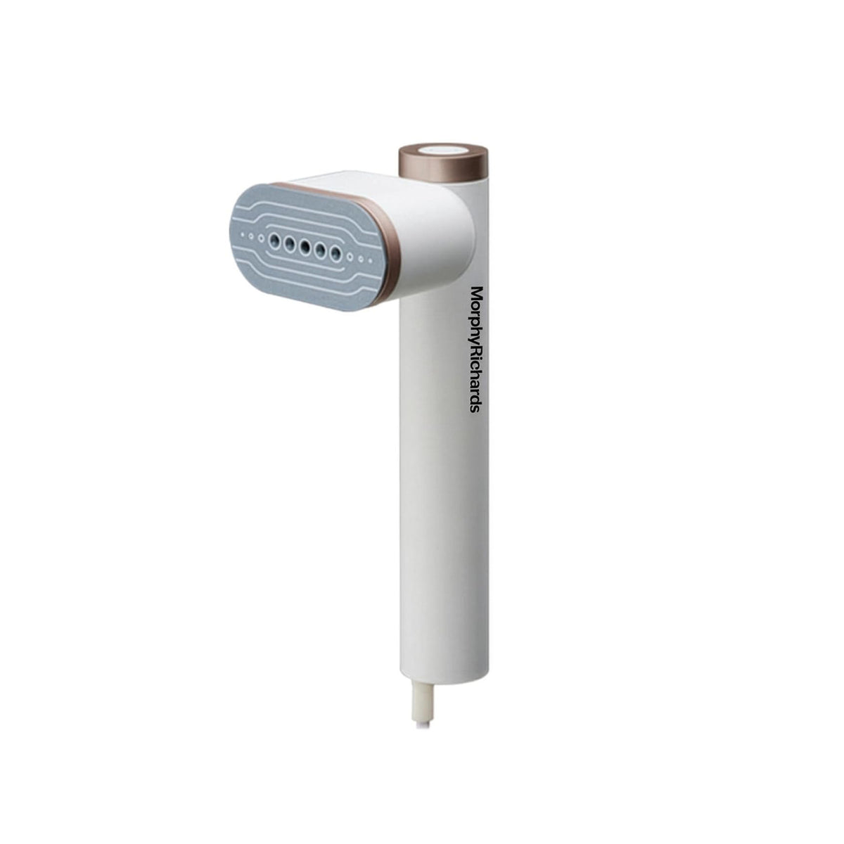 Morphy Richards Vogue Steam 1200W handheld garment steamer in white with rose-gold trim and a grey five-vent steam head, on a plain white background