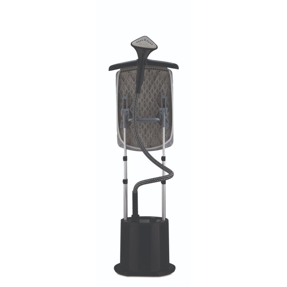 Morphy Richards Vogue Professional Upright GS garment steamer, rear view showing steam head, braided hose and telescopic poles
