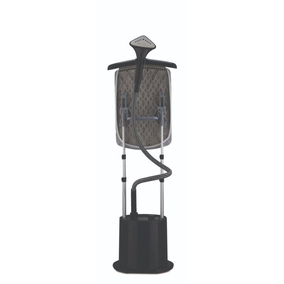 Morphy Richards Vogue Professional Upright GS garment steamer, rear view showing steam head, braided hose and telescopic poles