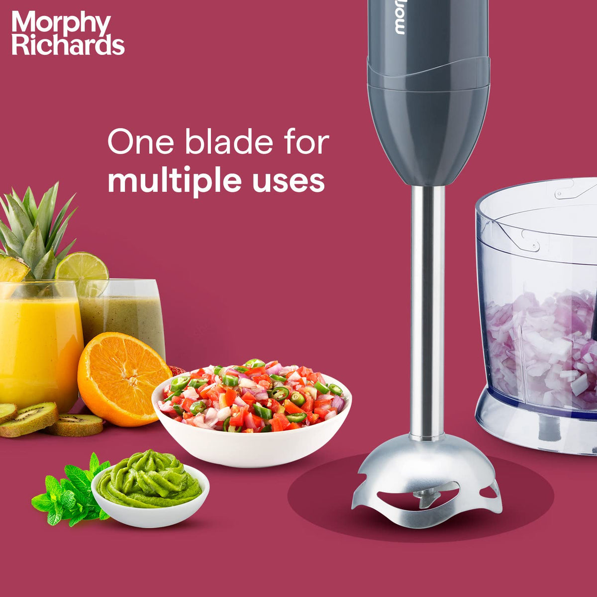 Morphy Richards Pronto Plus hand blender shaft with chopper bowl of chopped onions, salsa and fruit juices