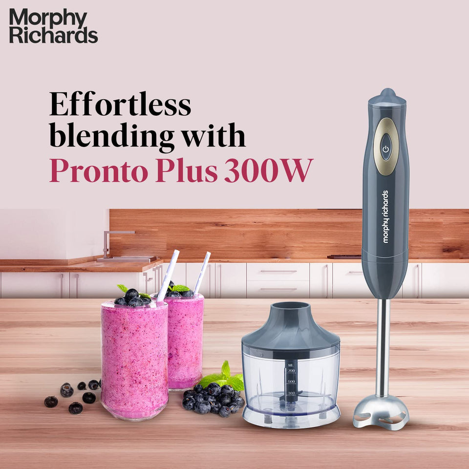 Morphy Richards Pronto Plus 300W hand blender with chopper bowl on a kitchen counter beside berry smoothies