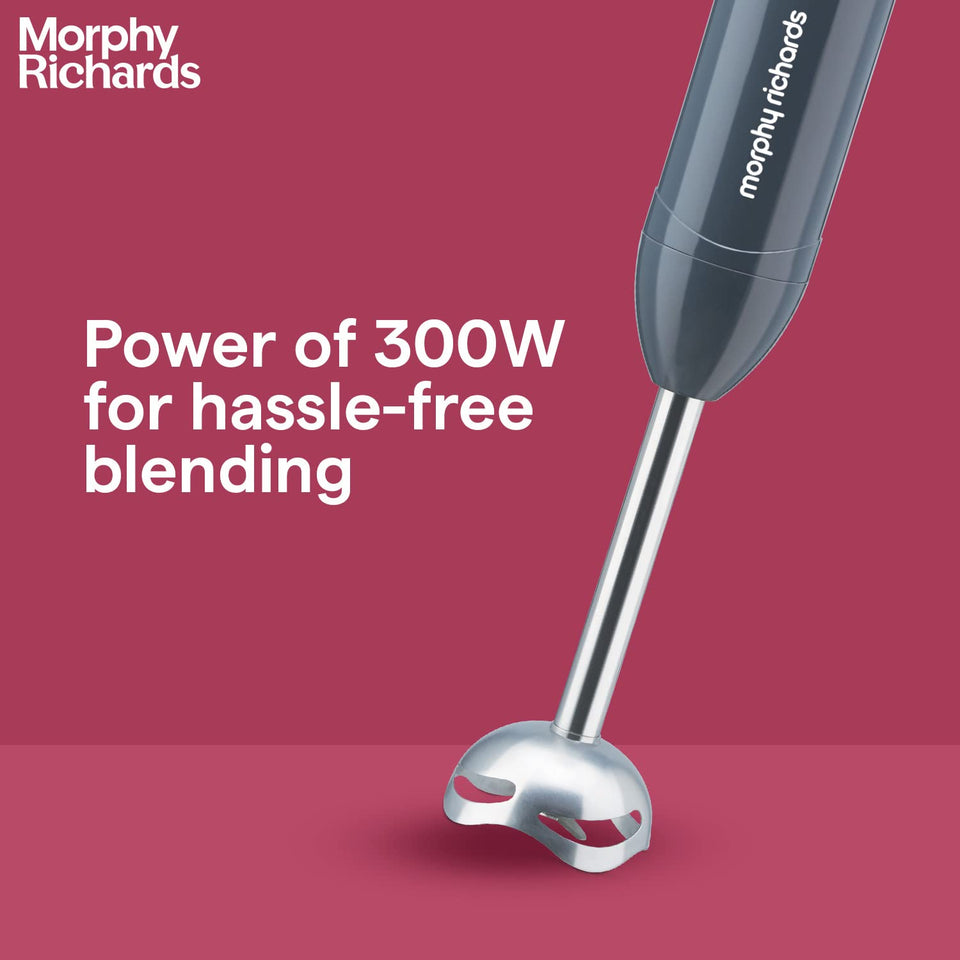 Close-up of Morphy Richards Pronto Plus hand blender stainless steel shaft and blade guard with 300W power text