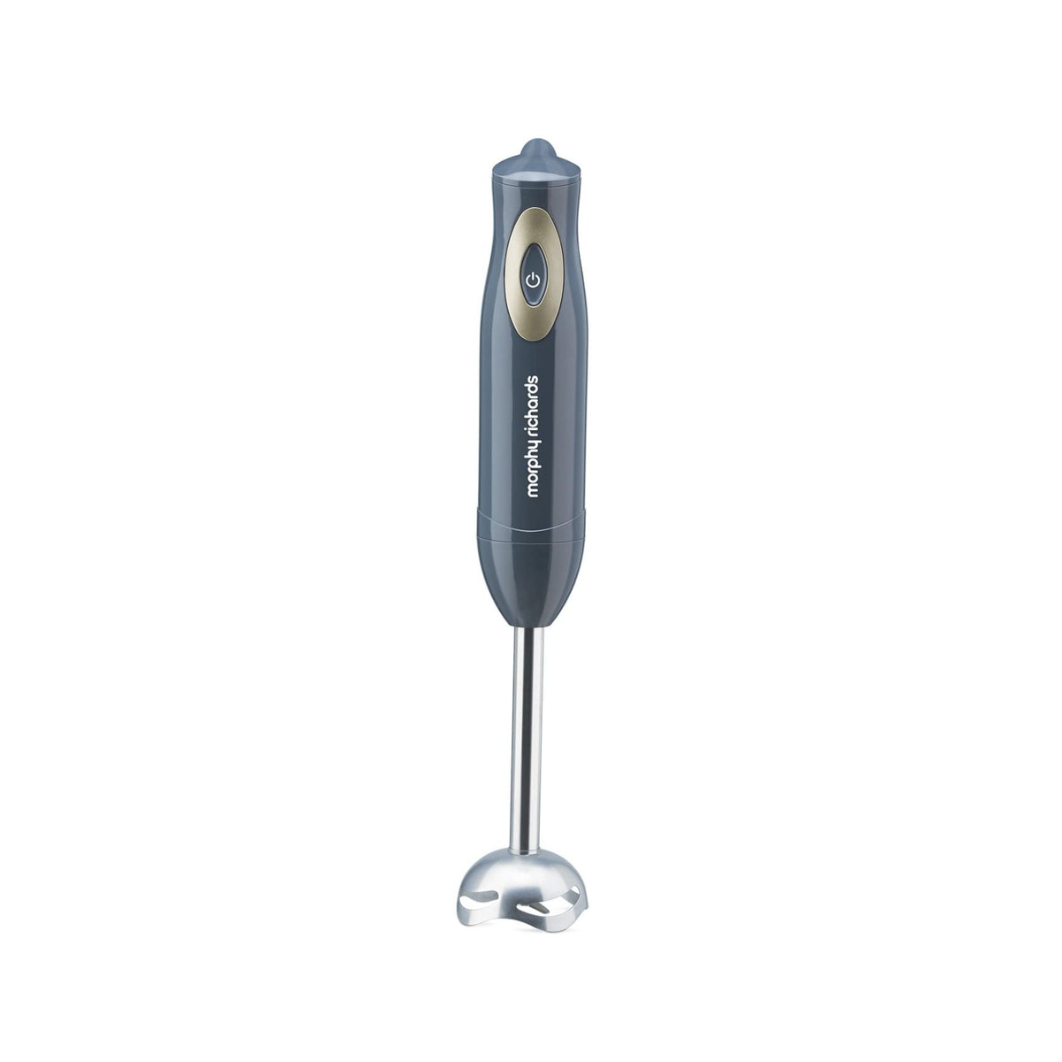 Morphy Richards Pronto Plus 300W hand blender in grey with stainless steel shaft and blade guard on a white background