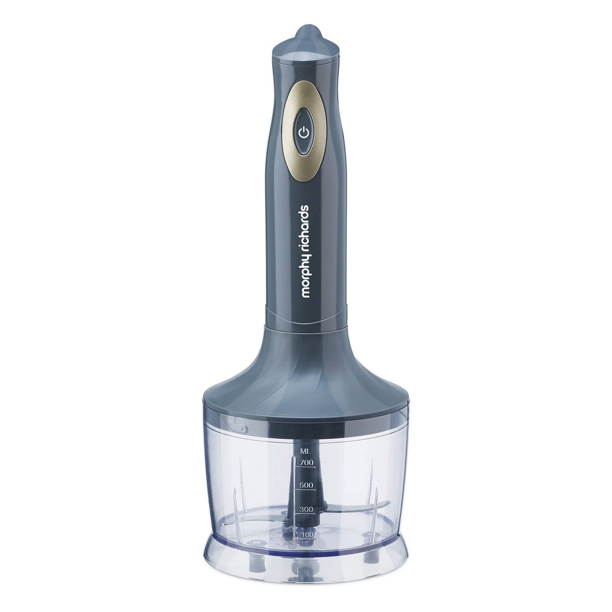 Morphy Richards Pronto Plus hand blender motor unit fitted to the 700 ml chopper bowl with ml markings