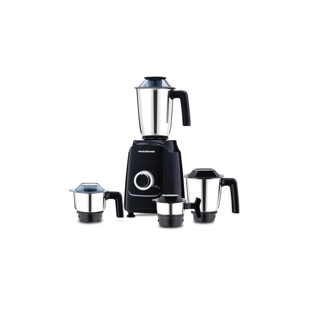 Morphy Richards MR GrindPro Maxx 1000W MG mixer grinder in black with four stainless steel jars arranged around the motor unit