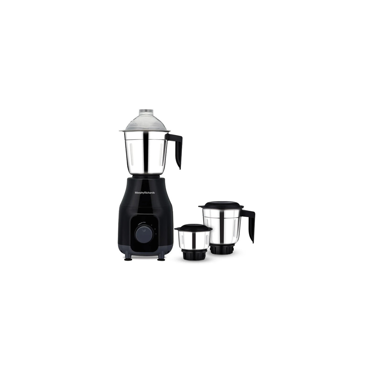 Morphy Richards MR TetraGrind 750W mixer grinder in black with a large stainless steel jar on the base and two smaller jars beside it
