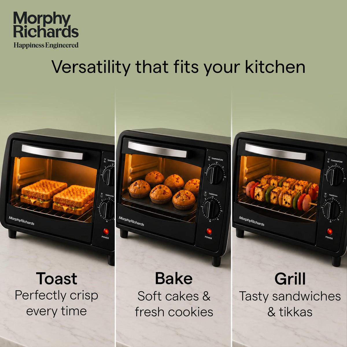 Morphy Richards 510065 10 L OTG oven shown toasting sandwiches, baking muffins and grilling skewers in three panels