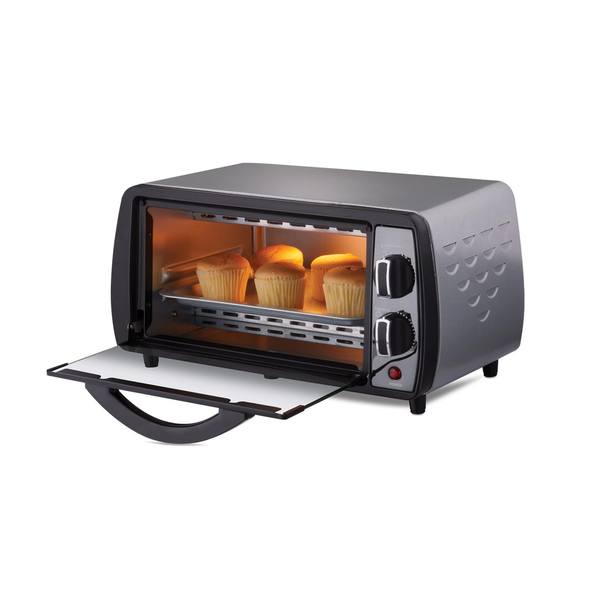 Morphy Richards 510065 10 L OTG oven with its door open, showing cupcakes baking on the tray inside