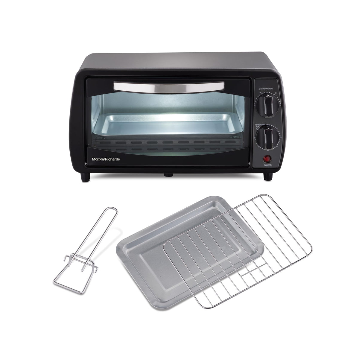 Morphy Richards 510065 10 L OTG oven shown with its tray, wire rack and handle laid out below