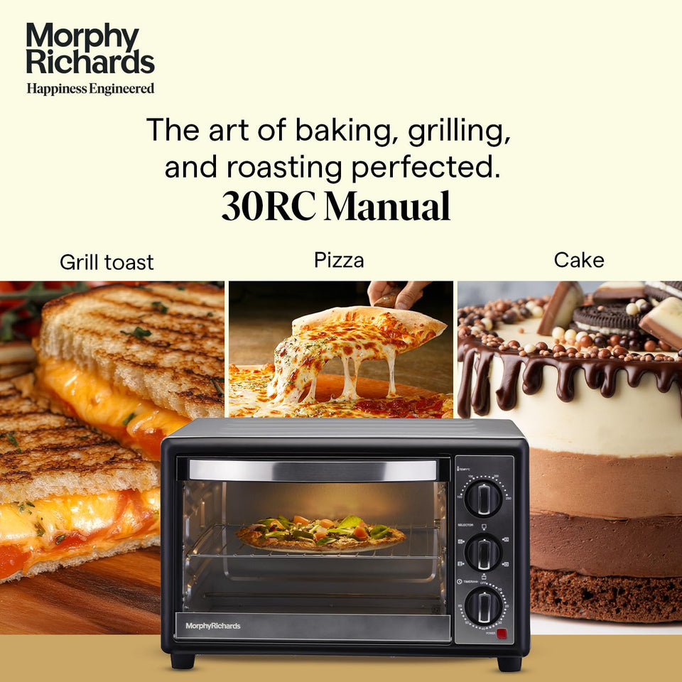 Morphy Richards 510070 30 RC Manual OTG shown with grill toast, pizza and cake as example dishes