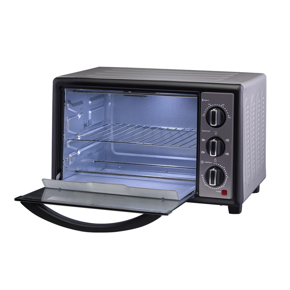 Morphy Richards 510070 30 RC Manual OTG with the glass door open showing the interior, wire rack and rotisserie rails
