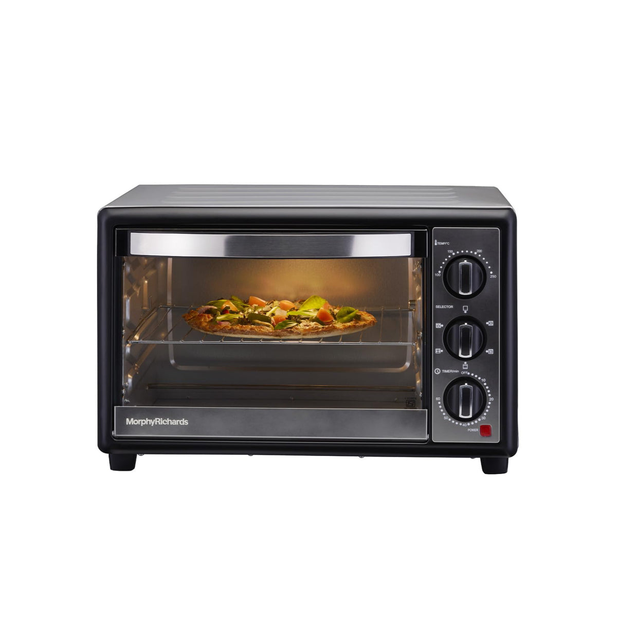 Morphy Richards 510070 30 RC Manual 30 L OTG front view with a pizza on the wire rack and three control knobs
