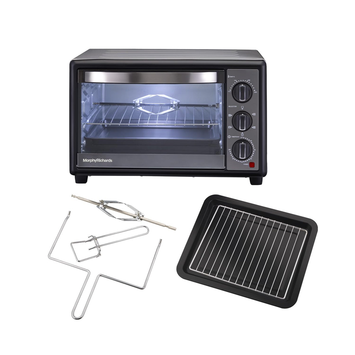 Morphy Richards 510070 30 RC Manual OTG with its accessories: rotisserie rod, tongs, bake tray and wire grill