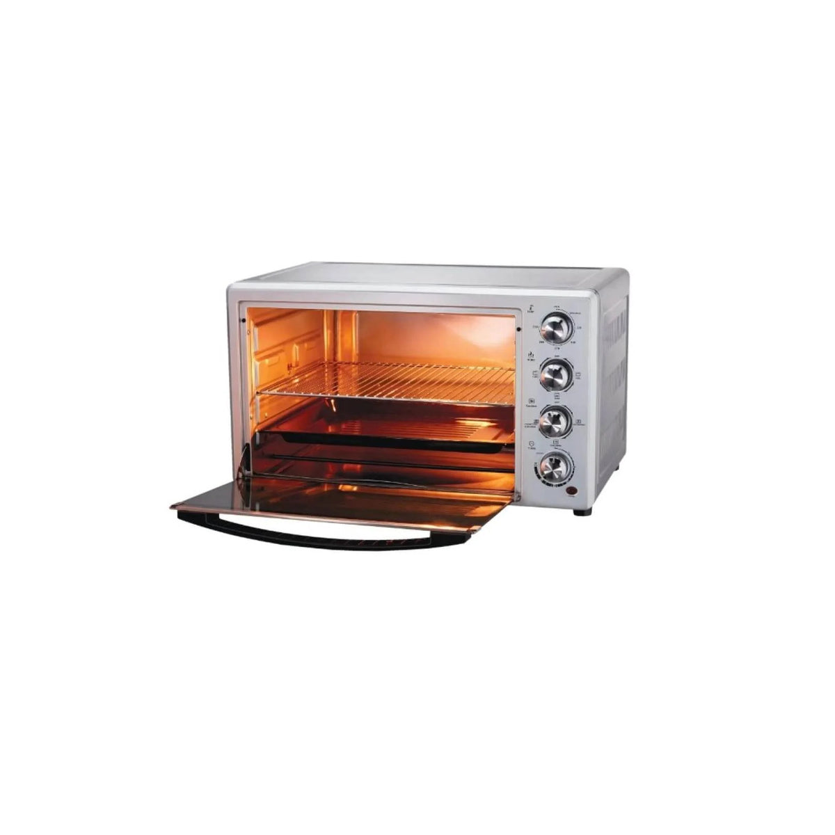 Morphy Richards OTG 54RCSS Dehydro 54 L OTG oven with the door open, showing the lit interior, wire rack, tray and four control knobs