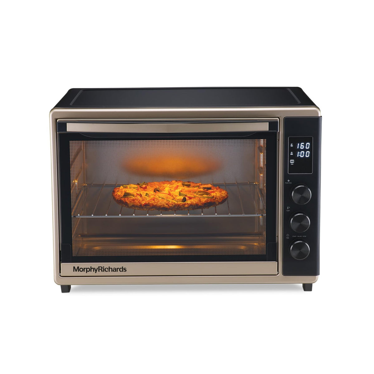 Morphy Richards 52RCD Digi 52 L digital OTG front view with a pizza baking on the wire rack and digital display showing 160 and 1:00