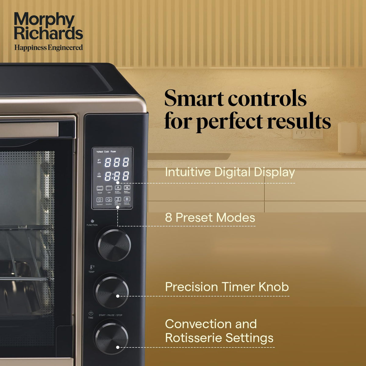 Close-up of Morphy Richards 52RCD Digi OTG control panel with digital display, 8 preset modes and function, temperature and time knobs