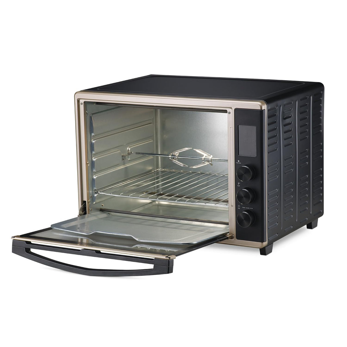 Morphy Richards 52RCD Digi OTG with door open showing rotisserie spit, wire rack and tray inside the cavity