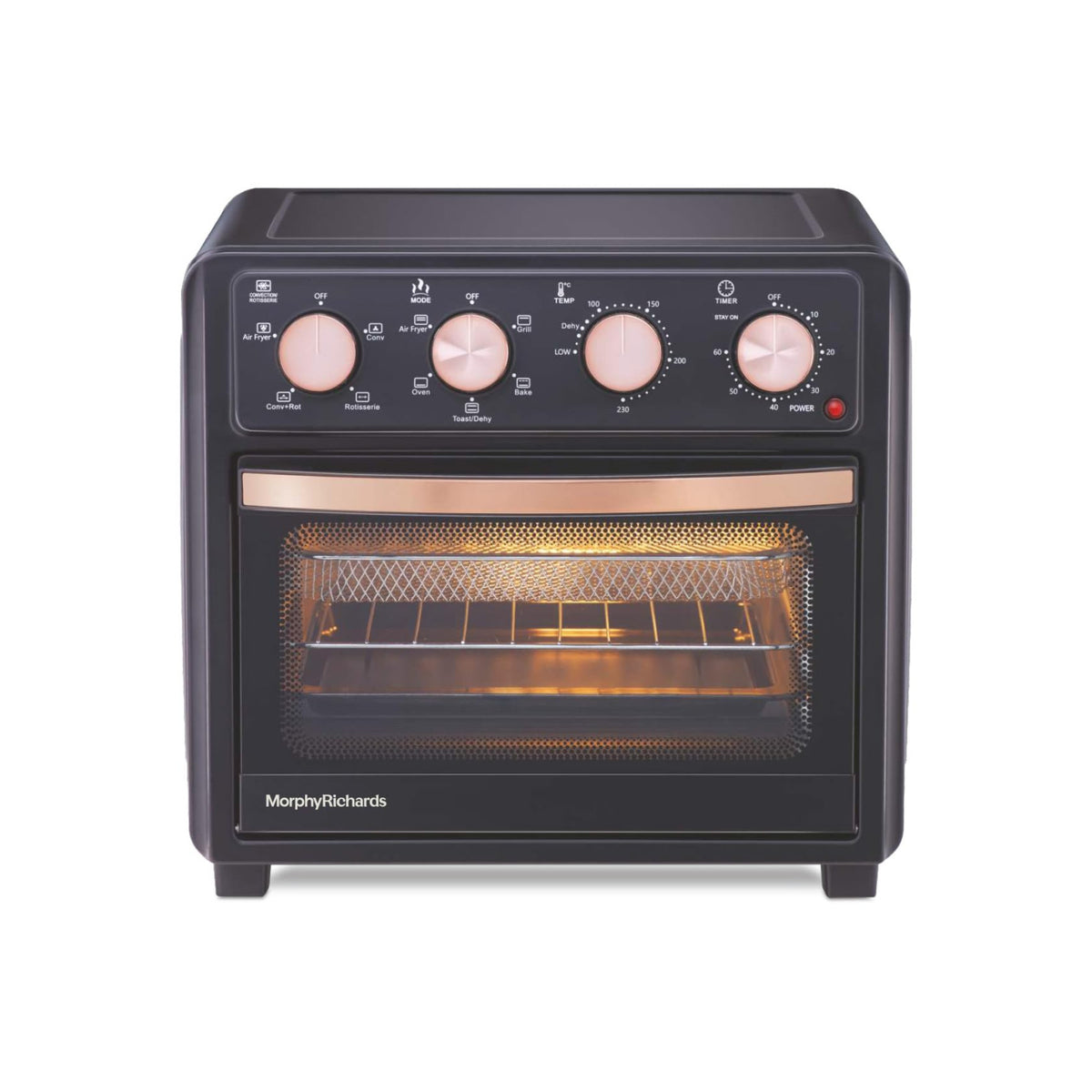 Morphy Richards 510060 AirCrisp 25 L air fryer oven front view with four rose gold control knobs and a lit cavity