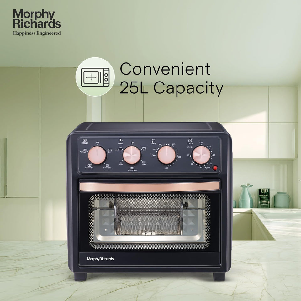 Morphy Richards 510060 AirCrisp air fryer oven front view with the text Convenient 25L Capacity
