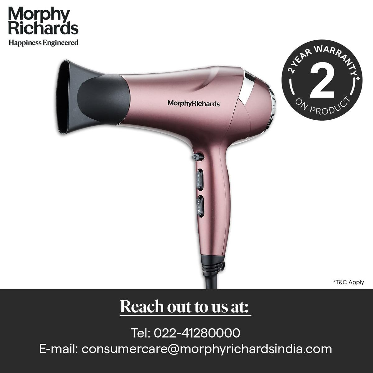 Morphy Richards HD222DC hair dryer with 2-year warranty badge and customer care contact details