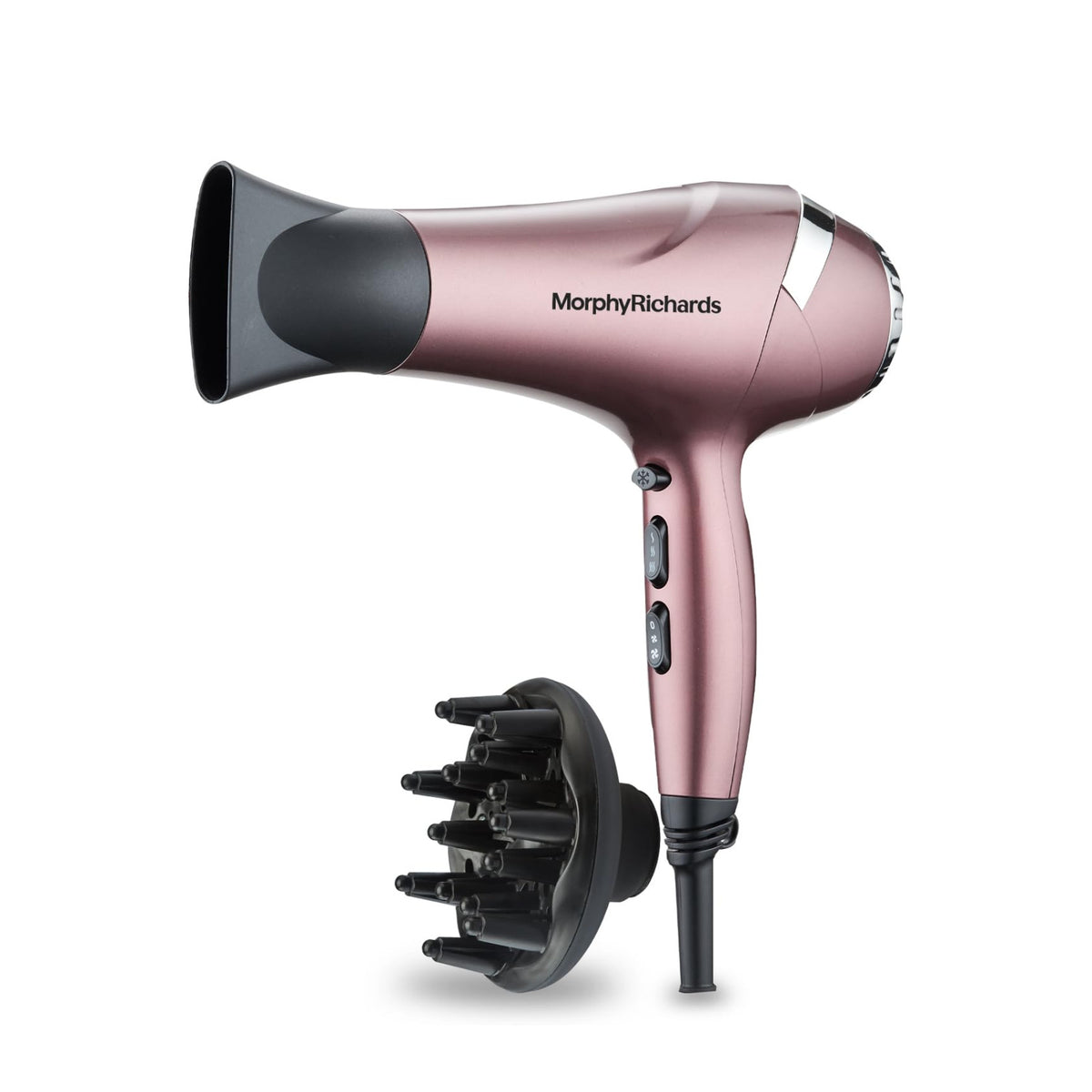 Morphy Richards HD222DC Stylist Care hair dryer in rose-pink finish with concentrator fitted and diffuser attachment beside it