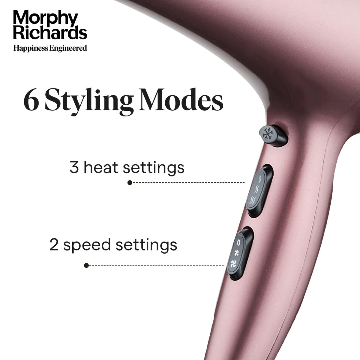 Close-up of Morphy Richards HD222DC handle showing cool shot, 3 heat settings and 2 speed settings controls