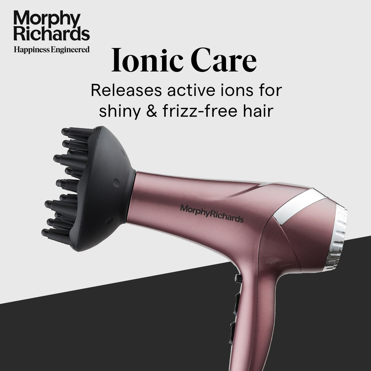 Morphy Richards HD222DC hair dryer with diffuser attached, highlighting Ionic Care for shiny, frizz-free hair