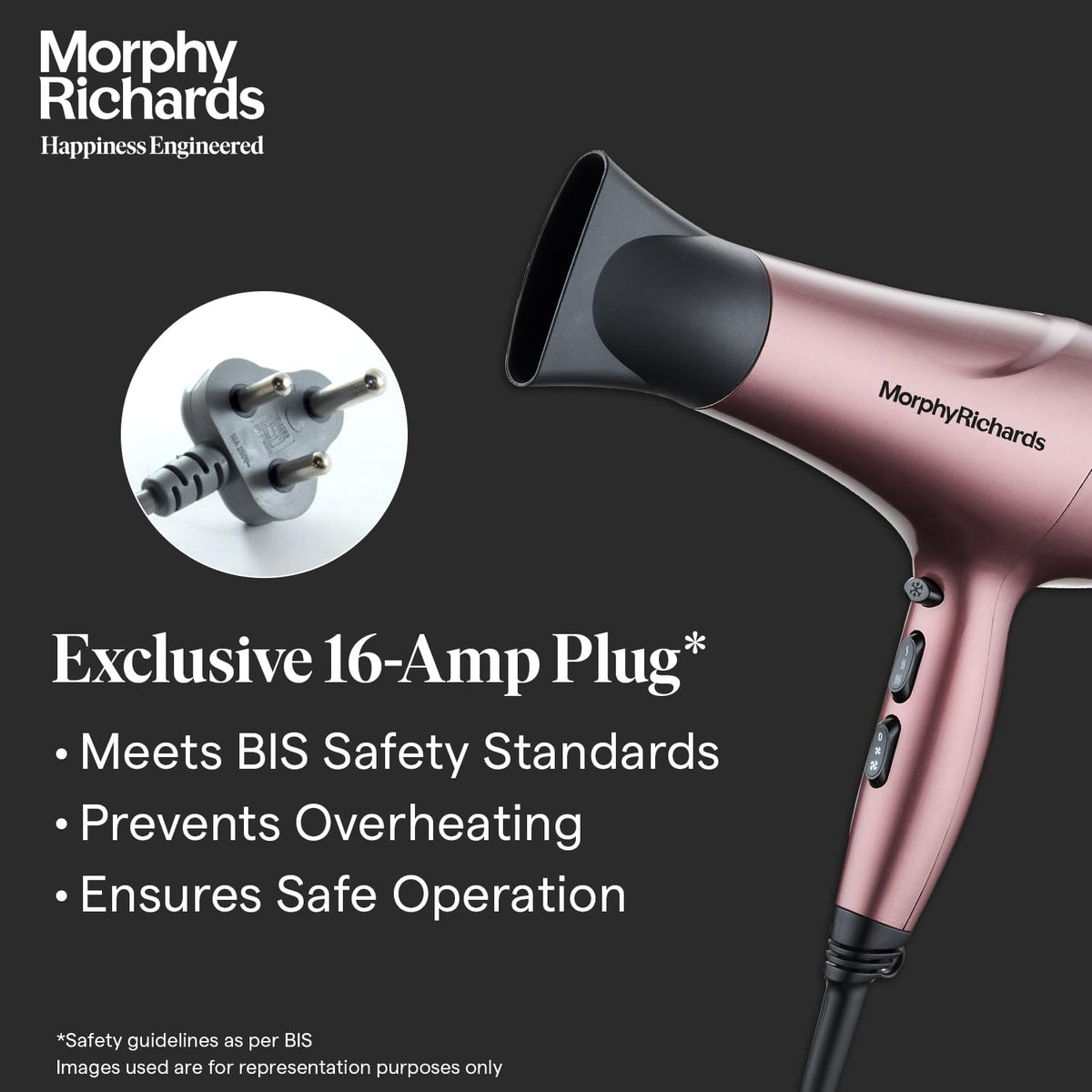 Morphy Richards HD222DC hair dryer with close-up of its 16-amp plug and safety points