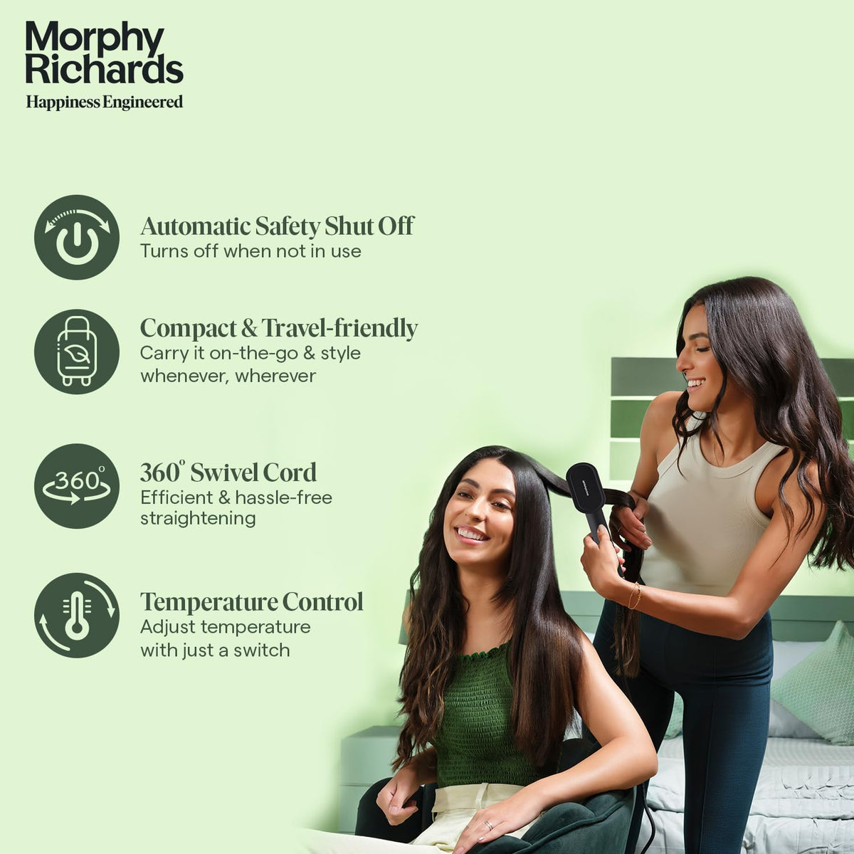 Morphy Richards Estella Hair Straightener Brush features: automatic safety shut-off, compact and travel-friendly, 360° swivel cord and temperature control