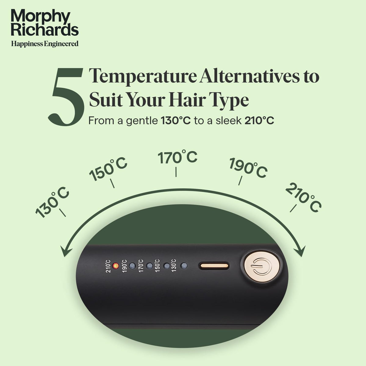 Close-up of the Morphy Richards Estella Hair Straightener Brush control panel showing five temperature settings from 130°C to 210°C