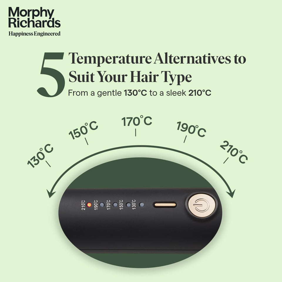 Close-up of the Morphy Richards Estella Hair Straightener Brush control panel showing five temperature settings from 130°C to 210°C