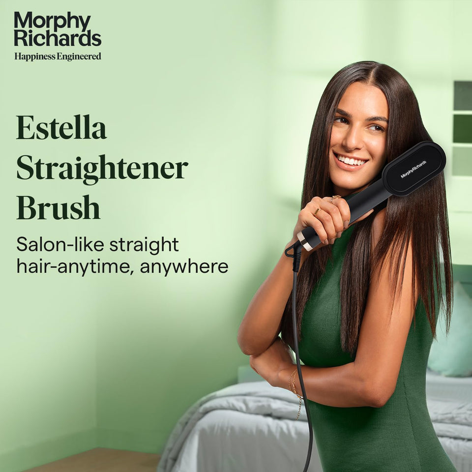 Woman holding the Morphy Richards Estella Hair Straightener Brush against long straight hair, with the text Salon-like straight hair, anytime, anywhere